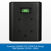 Black Onkyo FONESTAR LIGNUM-6 6 inch 120W full-range wall speaker, 8 Ohm, shown from the rear with a green terminal block connector, set against a white background with a blue text banner at the bottom.