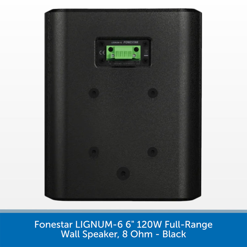 Black Onkyo FONESTAR LIGNUM-6 6 inch 120W full-range wall speaker, 8 Ohm, shown from the rear with a green terminal block connector, set against a white background with a blue text banner at the bottom.