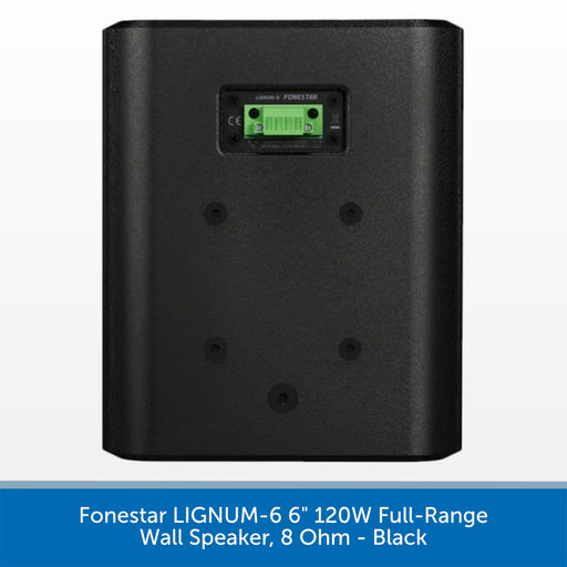 Black Onkyo FONESTAR LIGNUM-6 6 inch 120W full-range wall speaker, 8 Ohm, shown from the rear with a green terminal block connector, set against a white background with a blue text banner at the bottom.