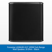 A black cylindrical wall speaker with a perforated metal grille, shown against a white background with a blue text banner at the bottom identifying it as a Fonestar LIGNUM-6 6 inch 120W full-range wall speaker, 8 Ohm - Black.
