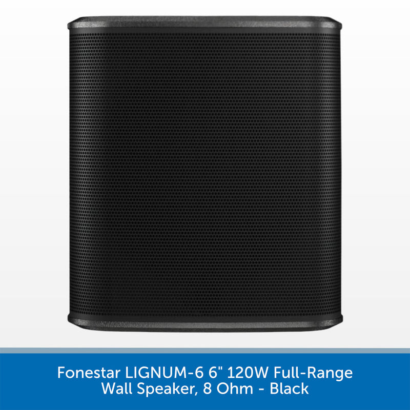 A black cylindrical wall speaker with a perforated metal grille, shown against a white background with a blue text banner at the bottom identifying it as a Fonestar LIGNUM-6 6 inch 120W full-range wall speaker, 8 Ohm - Black.