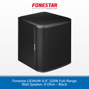 A black subwoofer speaker by Fonestar, shown at a three-quarter angle on a white background with a blue banner at the bottom containing product text.