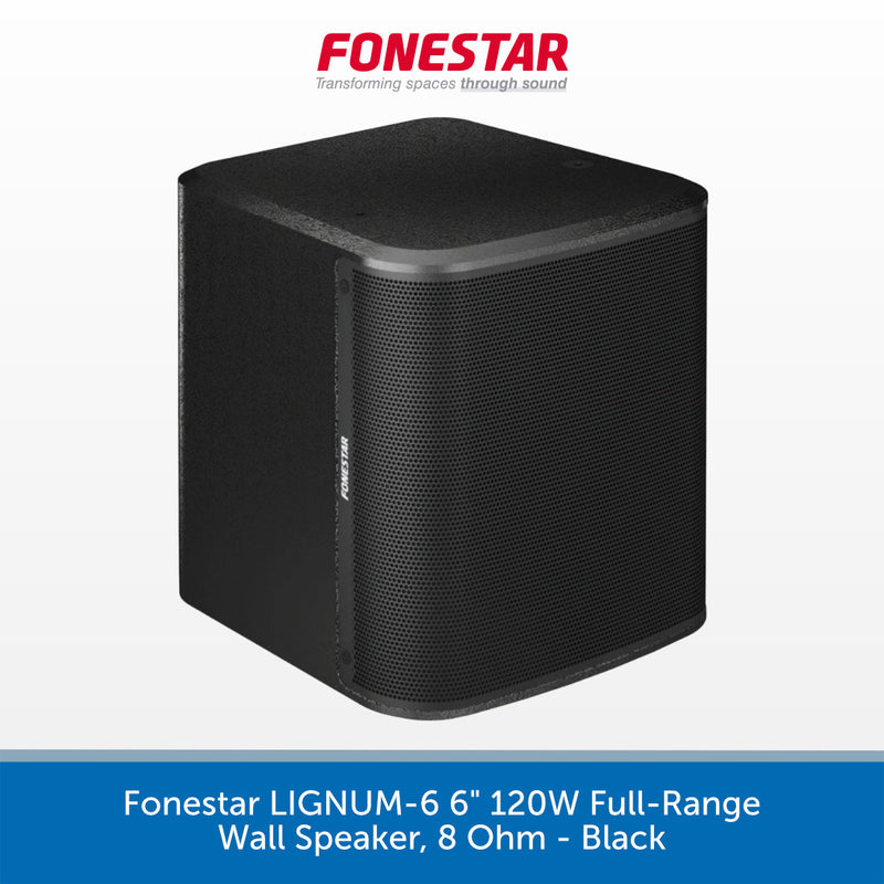 A black subwoofer speaker by Fonestar, shown at a three-quarter angle on a white background with a blue banner at the bottom containing product text.