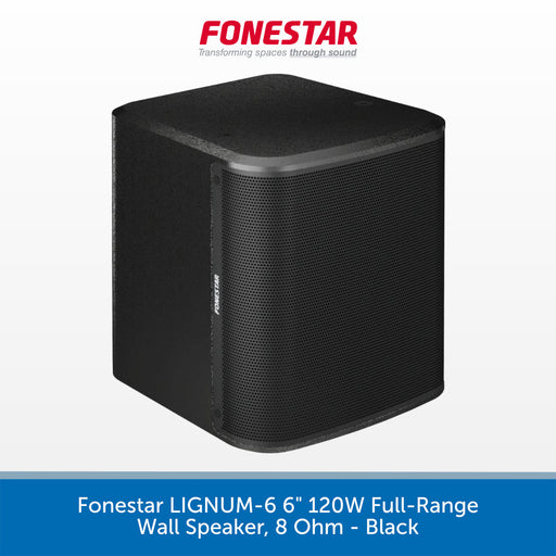 A black subwoofer speaker by Fonestar, shown at a three-quarter angle on a white background with a blue banner at the bottom containing product text.