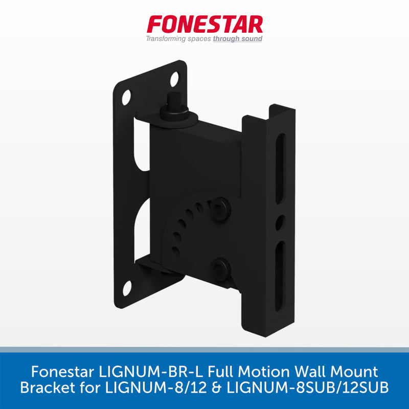 A black metal full motion wall mount bracket by Fonestar, shown on a white background with a blue text banner at the bottom and the Fonestar logo at the top.