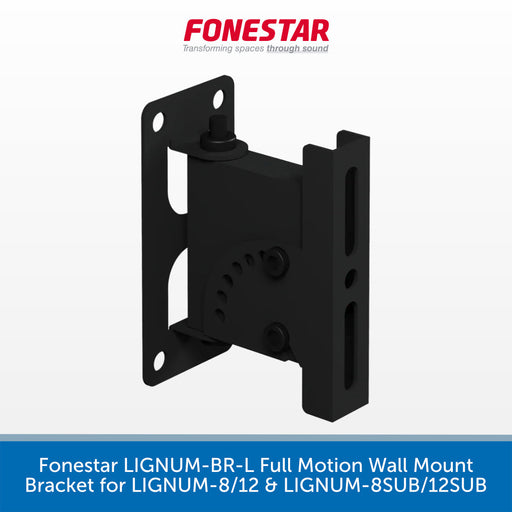 A black metal full motion wall mount bracket by Fonestar, shown on a white background with a blue text banner at the bottom and the Fonestar logo at the top.