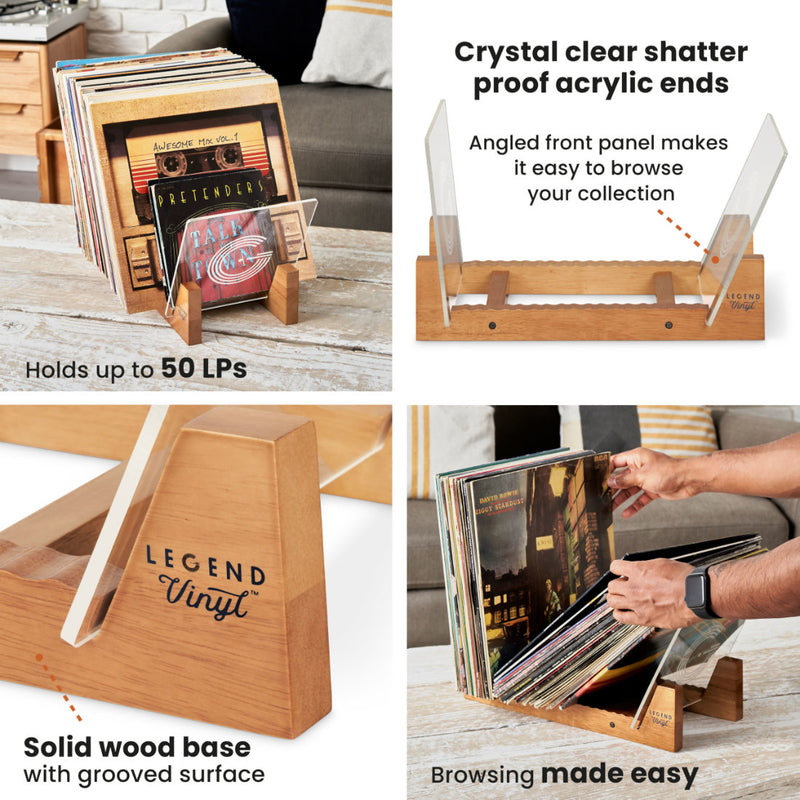 Legend Vinyl LP Record Display Shelf - Vintage Oak with Acrylic Ends Specs