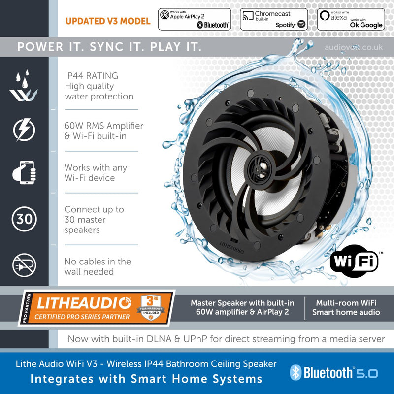 Lithe Audio WiFi V3 | Multi Room IP44 Bathroom Ceiling Speaker (AirPlay 2, Chromecast & Bluetooth)