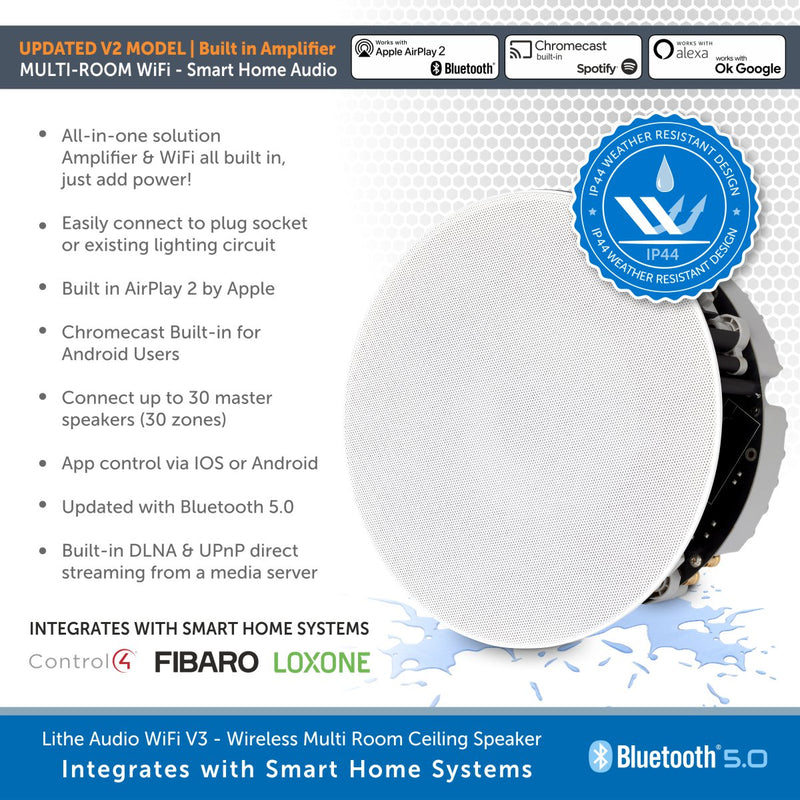 Lithe Audio WiFi V3 | Multi Room IP44 Bathroom Ceiling Speaker (AirPlay 2, Chromecast & Bluetooth)