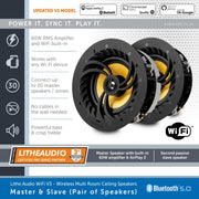 Promotional graphic for the Litel Audio Wi-Fi V3 wireless multi-room ceiling speakers, showing a pair of black and gold speakers with feature callouts, Bluetooth and Wi-Fi logos, and a white background.