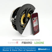 A wireless multi-room ceiling speaker shown at an angle with a smartphone app screen beside it on a white background. Text below reads 'INTEGRATES WITH SMART HOME SYSTEMS' with Control4, Fibaro, and Loxone logos, plus Bluetooth 5.