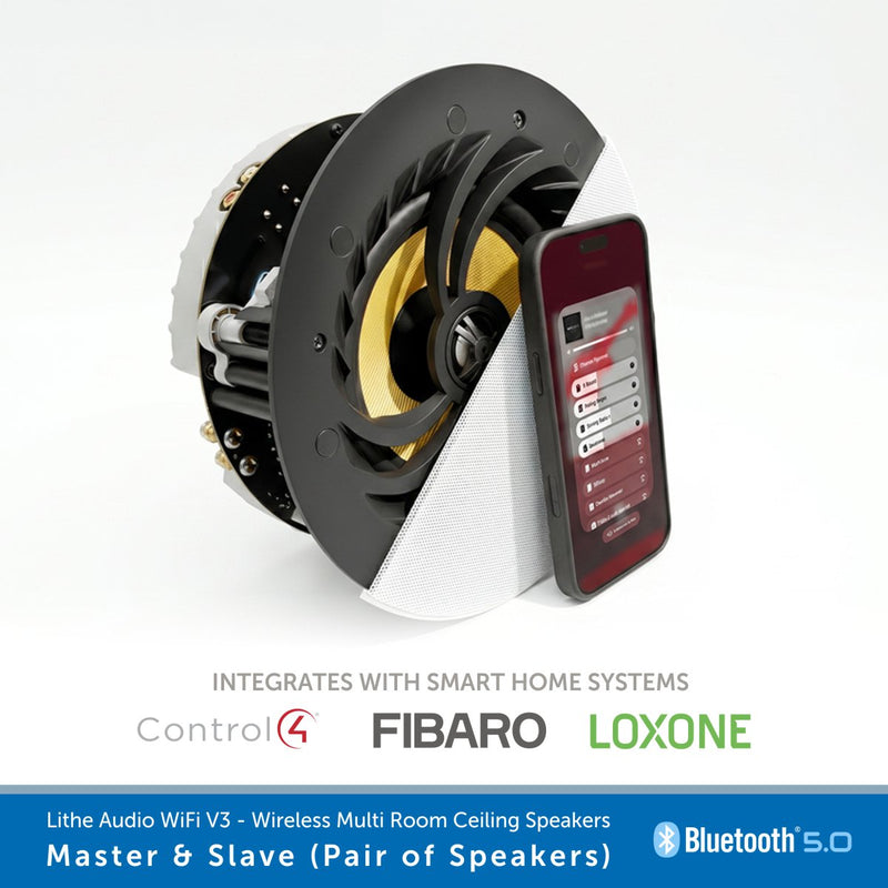 A wireless multi-room ceiling speaker shown at an angle with a smartphone app screen beside it on a white background. Text below reads 'INTEGRATES WITH SMART HOME SYSTEMS' with Control4, Fibaro, and Loxone logos, plus Bluetooth 5.