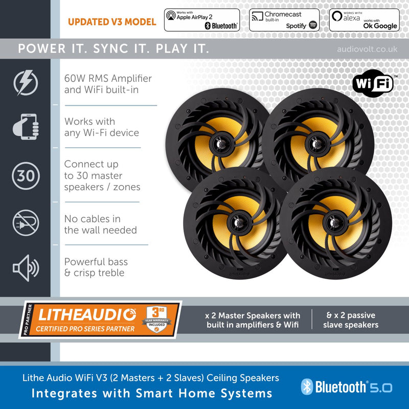 Four Lite Audio WiFi V3 ceiling speakers shown on a promotional graphic with feature callouts, Bluetooth and Wi-Fi logos, and a LitheAudio banner.