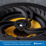 Close-up of a Lithe Audio WiFi 3 wireless multi-room ceiling speaker with black curved outer rings, a yellow mesh cone, and a central black driver. A blue text banner at the bottom reads 'Lithe Audio WiFi 3 - Wireless Multi Room Ceiling Speaker Integrates with Smart Home Systems' with a Bluetooth 5.