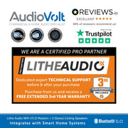 Promotional graphic for a LitheAudio WiFi V3 wireless multi-room ceiling speaker, featuring AudioVolt branding, Reviews.io and Trustpilot badges, a LitheAudio certified pro partner banner, Bluetooth 5.