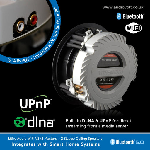 Lit Audio UPnP WiR Ceiling Speaker shown on a black background with feature callouts, Bluetooth and Wi-Fi logos, and smart home integration text.