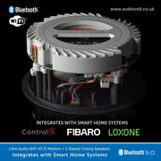 Lithe Audio Bluetooth 5.0 Fibaro Loxone wireless multi-room ceiling speaker shown from a top-down angle on a black background, with text overlays indicating smart home integration.