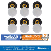 Six ceiling speakers shown in a 2x3 grid, with the top halves facing up to reveal black and yellow drivers and the bottom halves covered by white circular acoustic pads. Prominent AudioVolt and LitheAudio branding appears along the bottom banner, alongside Bluetooth 5.
