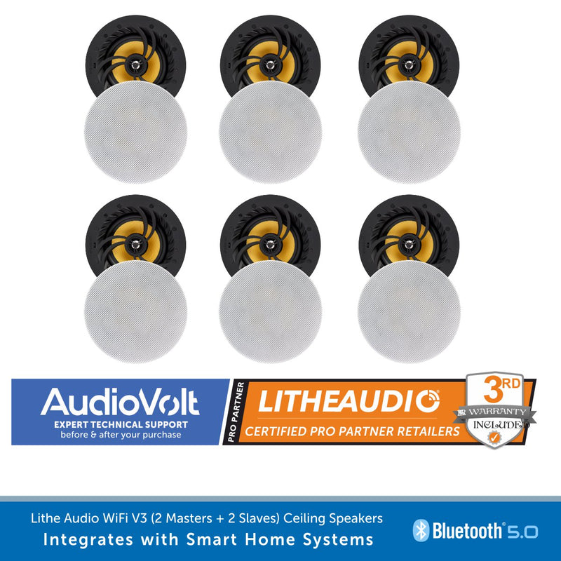 Six ceiling speakers shown in a 2x3 grid, with the top halves facing up to reveal black and yellow drivers and the bottom halves covered by white circular acoustic pads. Prominent AudioVolt and LitheAudio branding appears along the bottom banner, alongside Bluetooth 5.