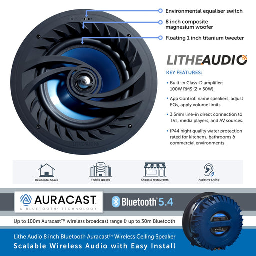 Lithe Audio LBT8 - 8 inch Bluetooth Auracast Wireless Ceiling Speakers (Pair)