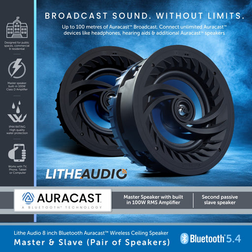 Lithe Audio LBT8 - 8 inch Bluetooth Auracast Wireless Ceiling Speakers (Pair)