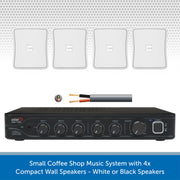 Small Coffee Shop Music System with 4x Compact Wall Speakers - White or Black Speakers