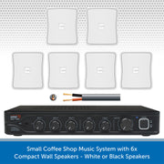 Small Coffee Shop Music System with 6x Compact Wall Speakers - White or Black Speakers