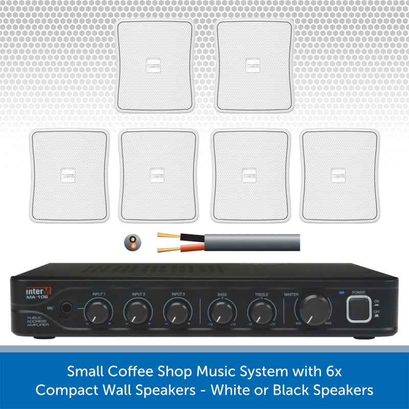 Small Coffee Shop Music System with 6x Compact Wall Speakers - White or Black Speakers