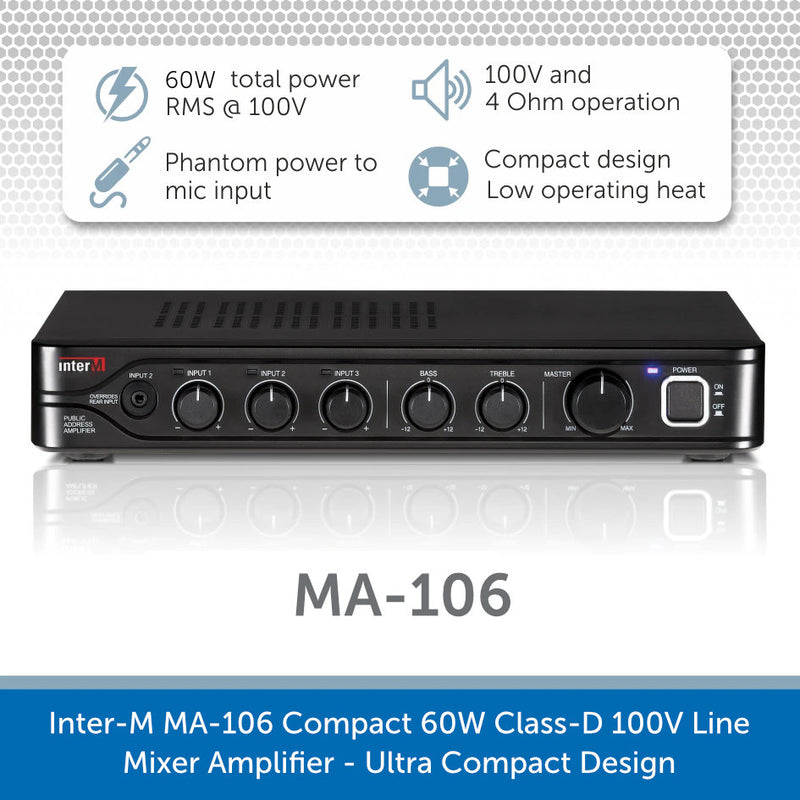 Inter-M MA-106 Compact 60W Class-D 100V Line Mixer Amplifier - Ultra Compact Design