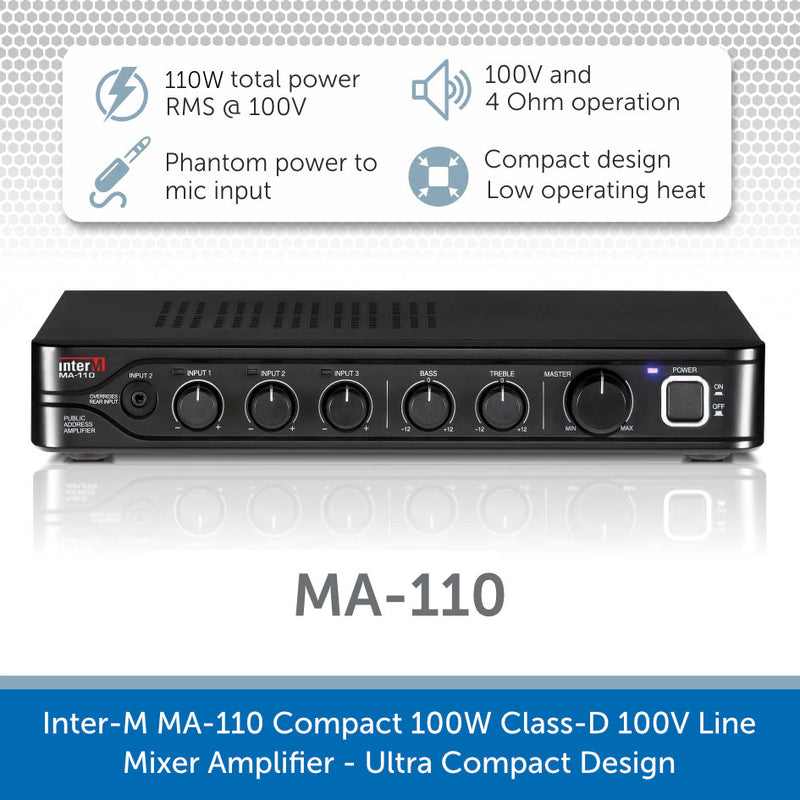 Inter-M MA-110 Compact 100W Class-D 100V Line Mixer Amplifier - Ultra Compact Design