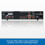 Rear panel view of a black Fonestar MAX-120Z 3-Zone 120W Mixer Amplifier with FM & USB Media Player, shown on a white background with a blue text banner at the bottom.