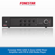 A black Fonestar MAX-120Z 3-Zone 120W Mixer Amplifier with FM & USB Media Player, shown against a white background with a blue banner at the bottom containing product text.