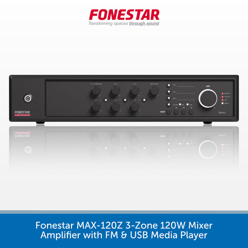 A black Fonestar MAX-120Z 3-Zone 120W Mixer Amplifier with FM & USB Media Player, shown against a white background with a blue banner at the bottom containing product text.