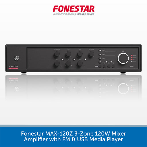 A black Fonestar MAX-120Z 3-Zone 120W Mixer Amplifier with FM & USB Media Player, shown against a white background with a blue banner at the bottom containing product text.
