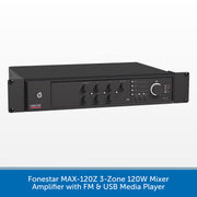 A black Fonestar MAX-120Z 3-Zone 120W Mixer Amplifier with FM & USB Media Player, shown from a front-three-quarter angle against a white background with a blue text banner at the bottom.