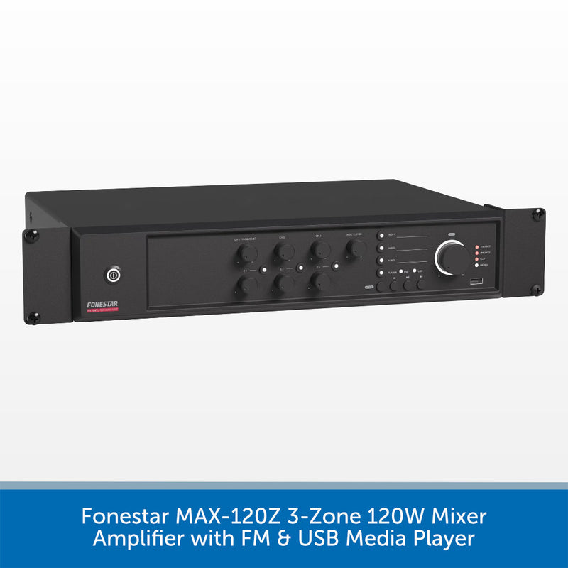 A black Fonestar MAX-120Z 3-Zone 120W Mixer Amplifier with FM & USB Media Player, shown from a front-three-quarter angle against a white background with a blue text banner at the bottom.