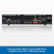 Rear view of a black Onkyo Onkyo MAX-240Z 4-Zone 240W Mixer Amplifier with FM & USB Media Player, featuring various input and output jacks, red LED indicators, and a blue text banner at the bottom.
