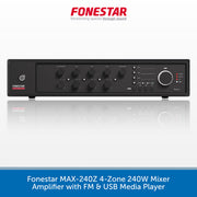 A black Fonestar MAX-240Z 4-Zone 240W Mixer Amplifier with FM & USB Media Player, shown against a white background with a blue banner at the bottom containing product text.