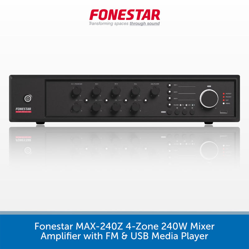A black Fonestar MAX-240Z 4-Zone 240W Mixer Amplifier with FM & USB Media Player, shown against a white background with a blue banner at the bottom containing product text.