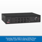 A black Forestar MAX-240Z 4-Zone 240W Mixer Amplifier with FM & USB Media Player, shown against a white background with a blue text banner at the bottom.
