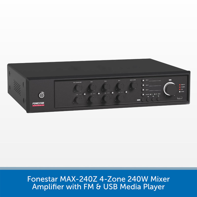 A black Forestar MAX-240Z 4-Zone 240W Mixer Amplifier with FM & USB Media Player, shown against a white background with a blue text banner at the bottom.