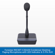 A black Fonestar MICSET-C32LED condenser desktop paging microphone with a flexible gooseneck stem and square base, shown on a white background with a blue text banner at the bottom.