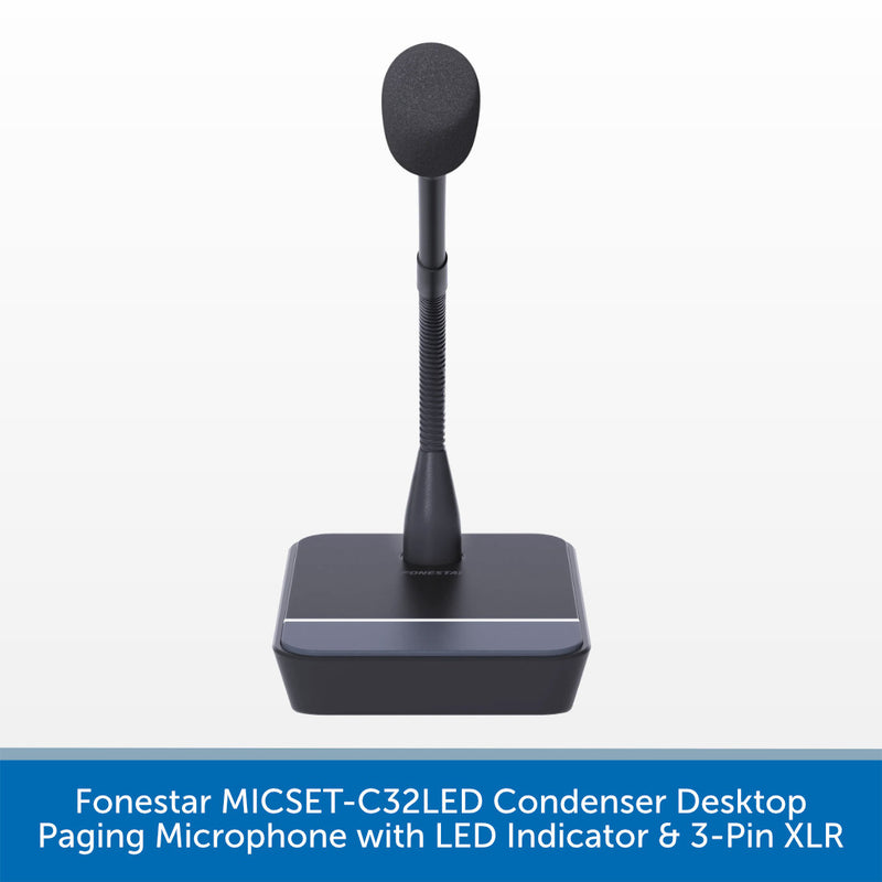 A black Fonestar MICSET-C32LED condenser desktop paging microphone with a flexible gooseneck stem and square base, shown on a white background with a blue text banner at the bottom.