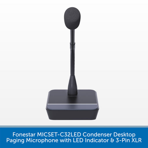 A black Fonestar MICSET-C32LED condenser desktop paging microphone with a flexible gooseneck stem and square base, shown on a white background with a blue text banner at the bottom.