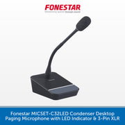 A black Fonestar desktop condenser microphone with an adjustable gooseneck and foam windscreen, shown on a white background with a blue text banner at the bottom.