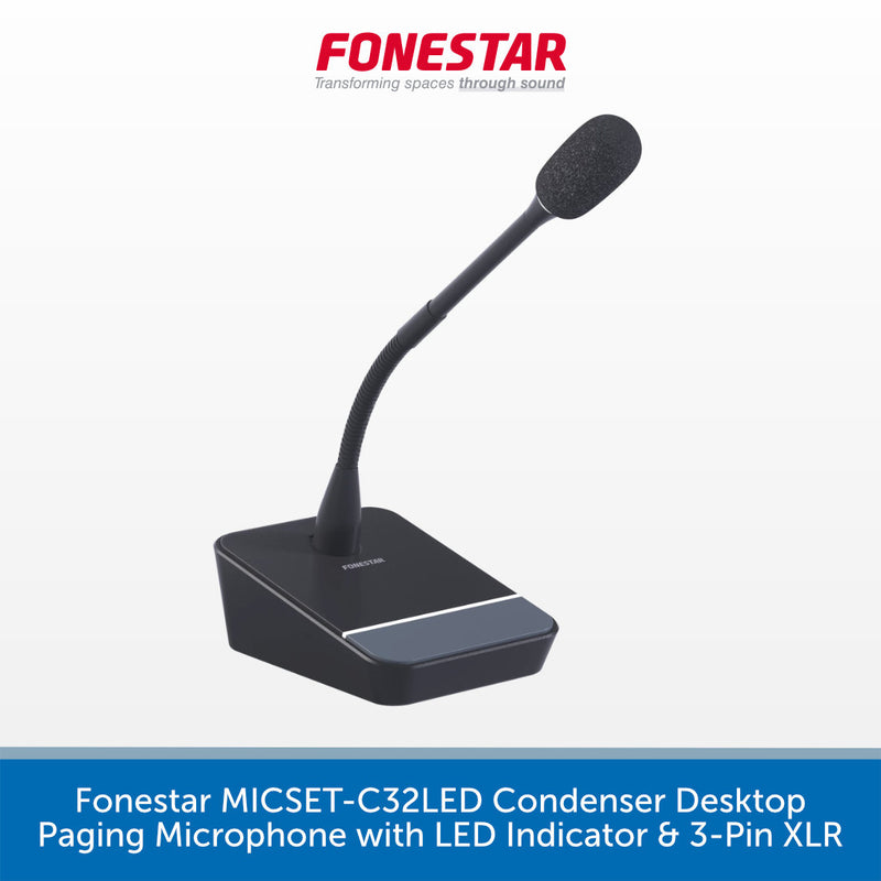 A black Fonestar desktop condenser microphone with an adjustable gooseneck and foam windscreen, shown on a white background with a blue text banner at the bottom.
