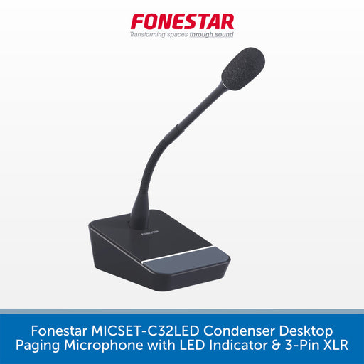 A black Fonestar desktop condenser microphone with an adjustable gooseneck and foam windscreen, shown on a white background with a blue text banner at the bottom.