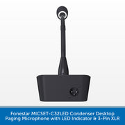 A black Fonestar MICSET-C32LED condenser desktop paging microphone with an adjustable neck, circular LED indicator, and 3-pin XLR connector, shown against a white background with a blue text banner at the bottom.