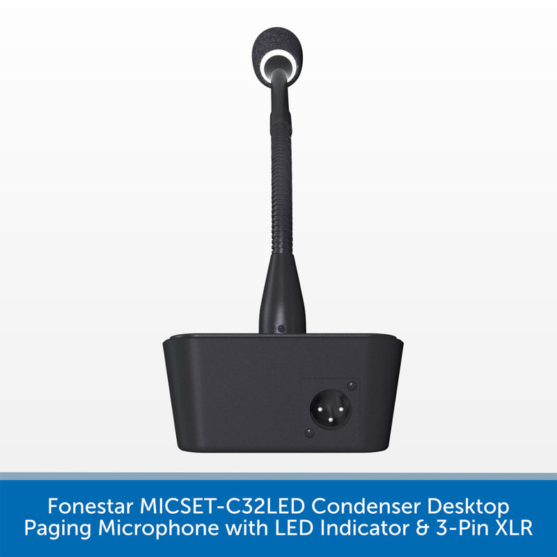 A black Fonestar MICSET-C32LED condenser desktop paging microphone with an adjustable neck, circular LED indicator, and 3-pin XLR connector, shown against a white background with a blue text banner at the bottom.