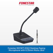 A black Fonestar desktop paging microphone with a flexible gooseneck stand and a separate 6.35mm mono jack adapter, shown on a white background with a blue text banner at the bottom.